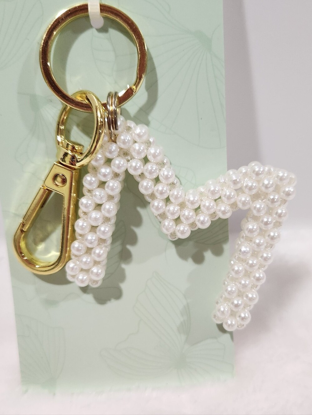 Initial Letter M White Knitted Woven 3D Beaded Pearl Gold Keychain Bag Charm NWT - Picture 3 of 6
